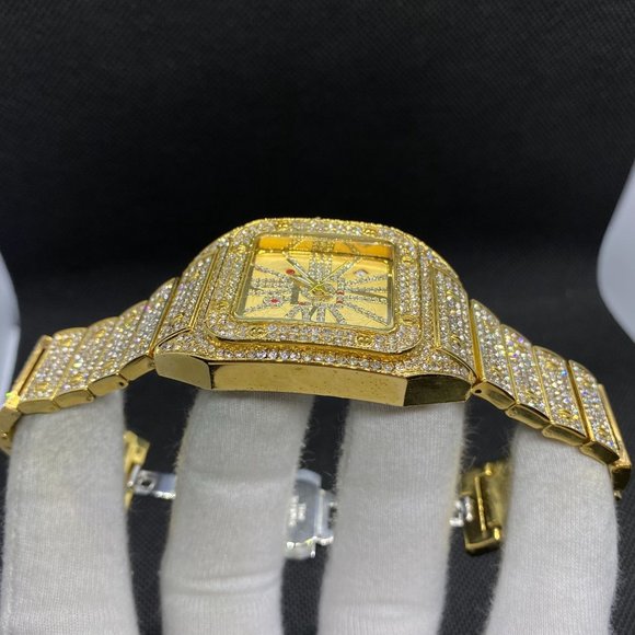 Luxury Square 18K Gold Plated Men's Bling Hip Hop Iced Out Watch - Picture 5 of 6